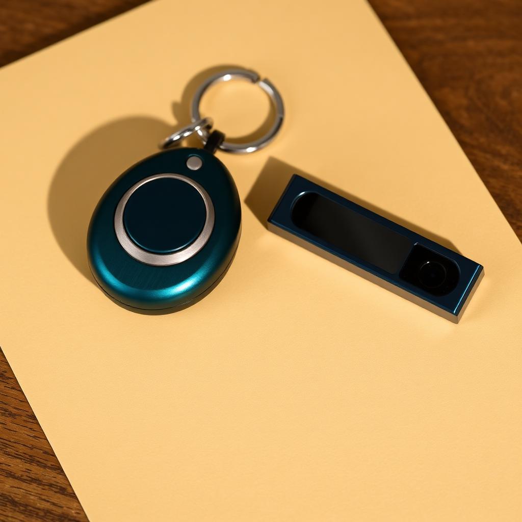 Teal keychain personal alarm beside a slim camera cover on bone paper