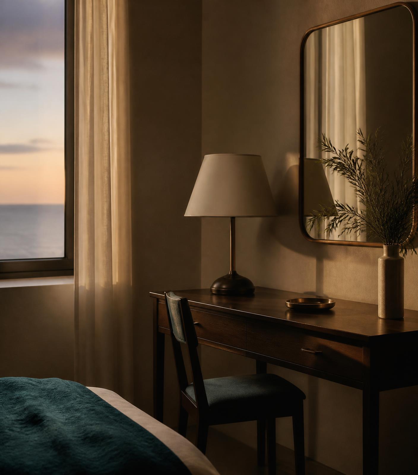 Quiet hotel room corner at dusk with a lamp, a framed mirror, and a desk
